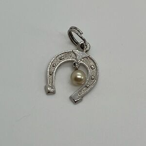 Vtg 925 Sterling Silver Lucky Horseshoe w Pearl Dangle Charm / Pendant